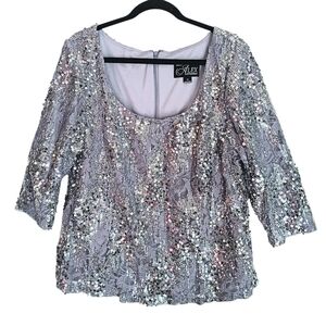 Alex Evenings Sequin Blouse Women's Size 2X Light Purple‎ & Silver 3/4 Sleeve